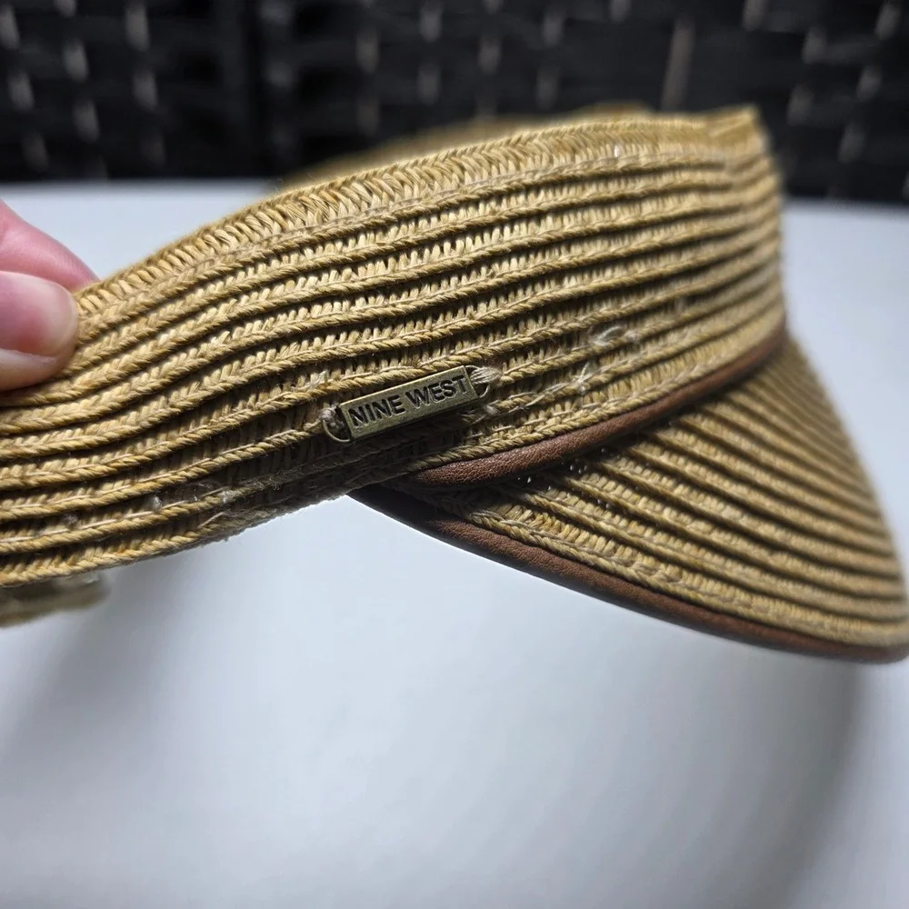 Nine West Straw Sun Visor Hat Tan Brown Woven Adjustable Hook Loop One Size